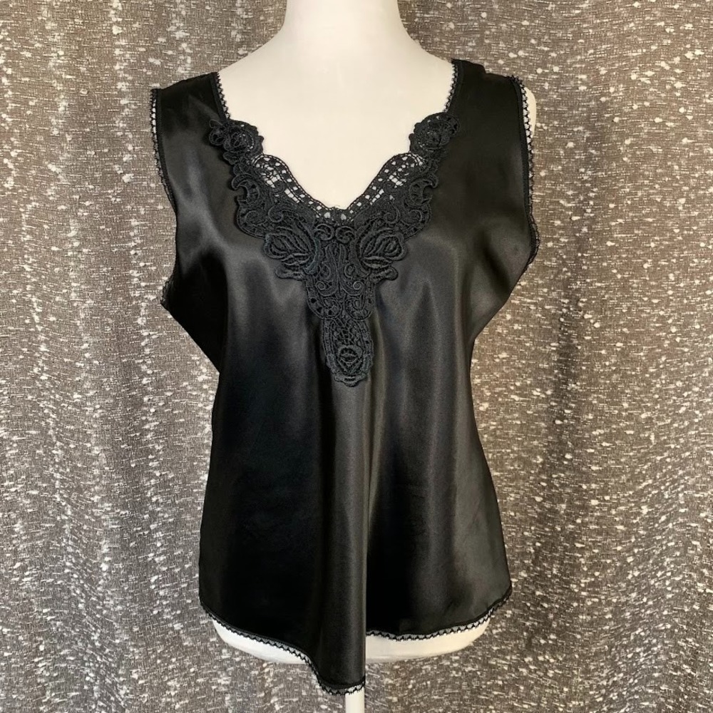 Vintage Escapades‎ Black Satin Slip Chemise Top Lace Accent Women's Medium